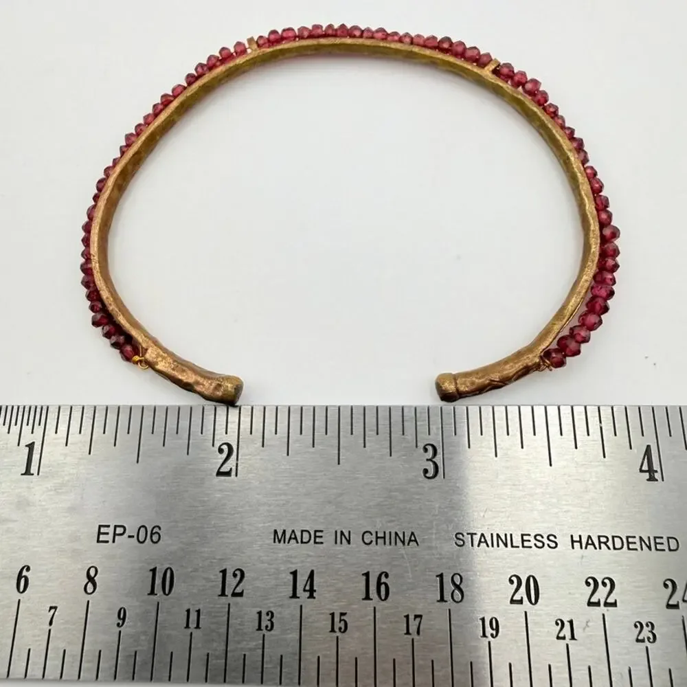 Handmade Vtg Brass Faceted Garnet Bead Cuff Bracelet Ethnic Tribal Festival Boho